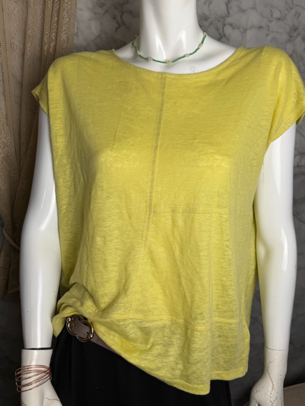100% Linen Top Chartreuse Yellow Blouse Cap Sleeve Lightweight M Summer Boxy